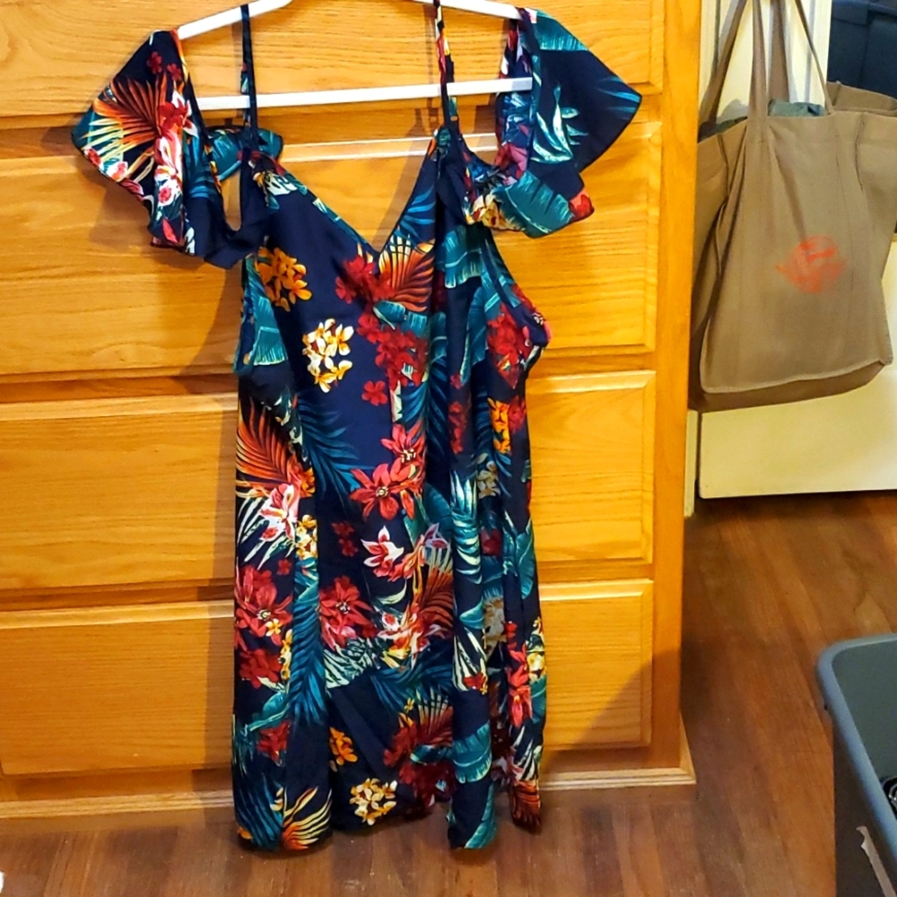Tropical cold shoulder dress